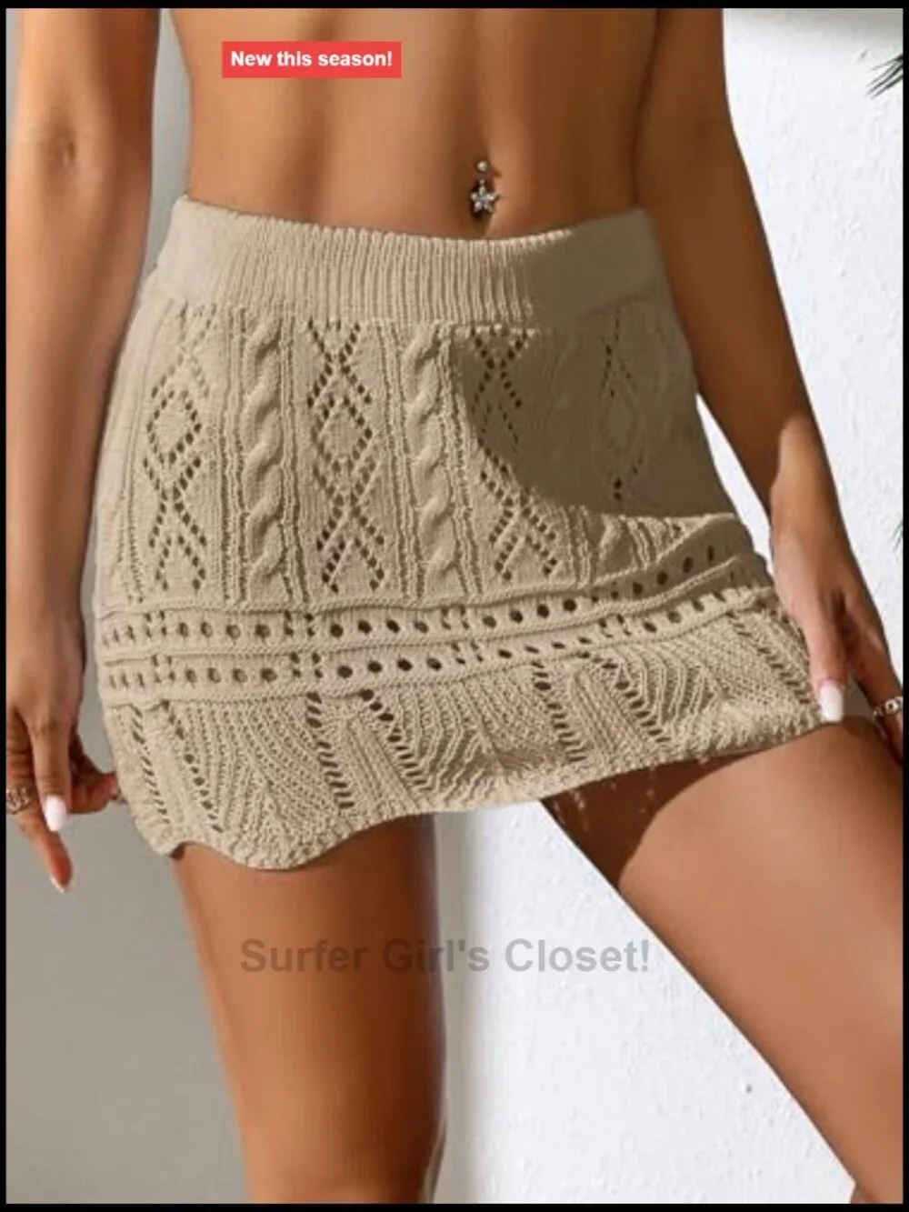 Women's Hollow Out Knit Scalloped Elastic Waist Swim Cover Up Mini Skirt